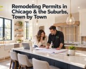Chicago area remodeling permits planning with homeowner and contractor reviewing kitchen renovation drawings