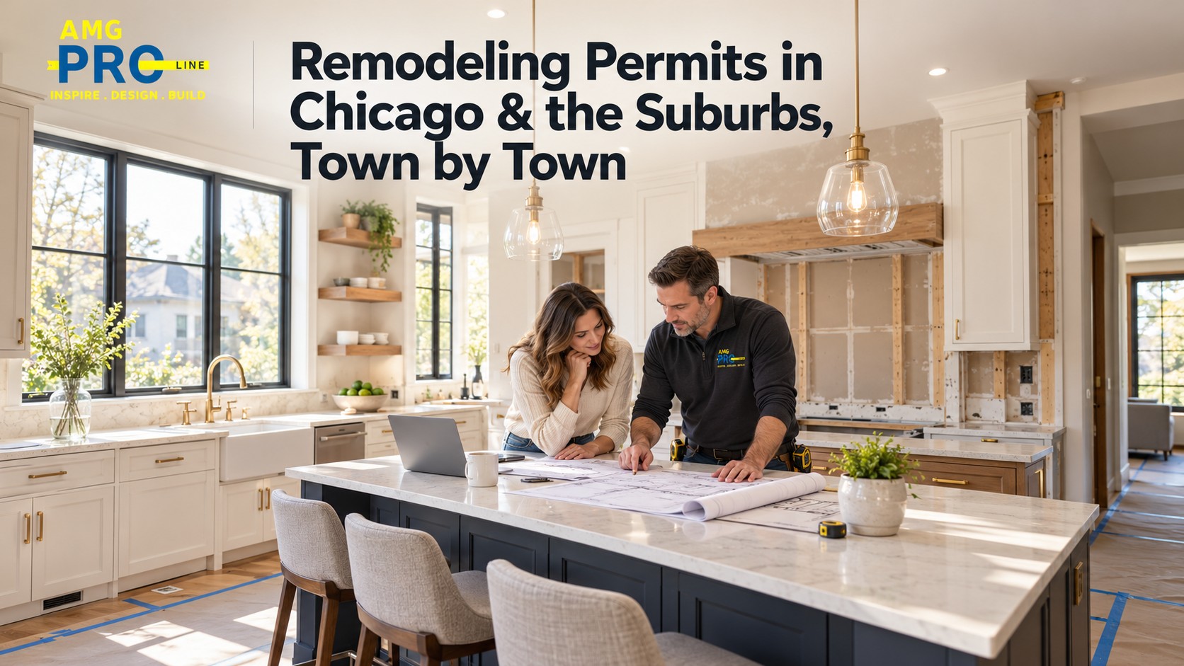 Chicago area remodeling permits planning with homeowner and contractor reviewing kitchen renovation drawings