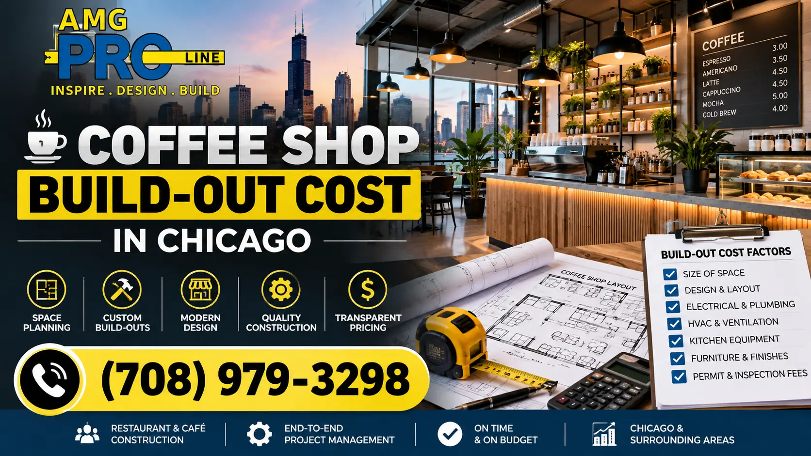 AMG Pro Line coffee shop build-out in Chicago featuring a modern café interior, construction plans, and custom commercial design.