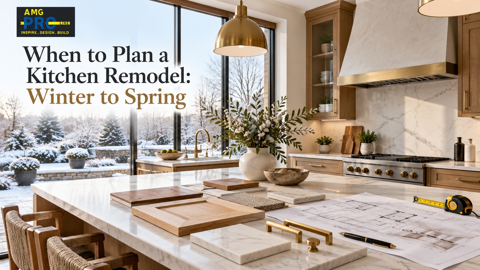When to plan a kitchen remodel using winter cabinet samples, countertop materials and kitchen design drawings